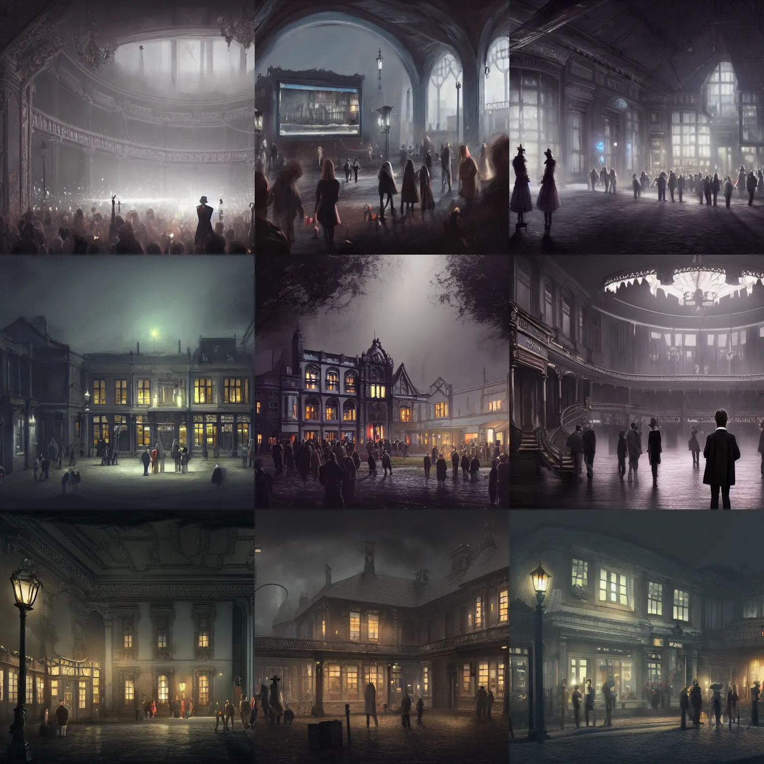 Prompt: digital concept art of a very small!!! dark victorian show venue with a large bright screen in front of twenty people, grey, realistic, octane render, high detail, environment, sharp focus, artstation