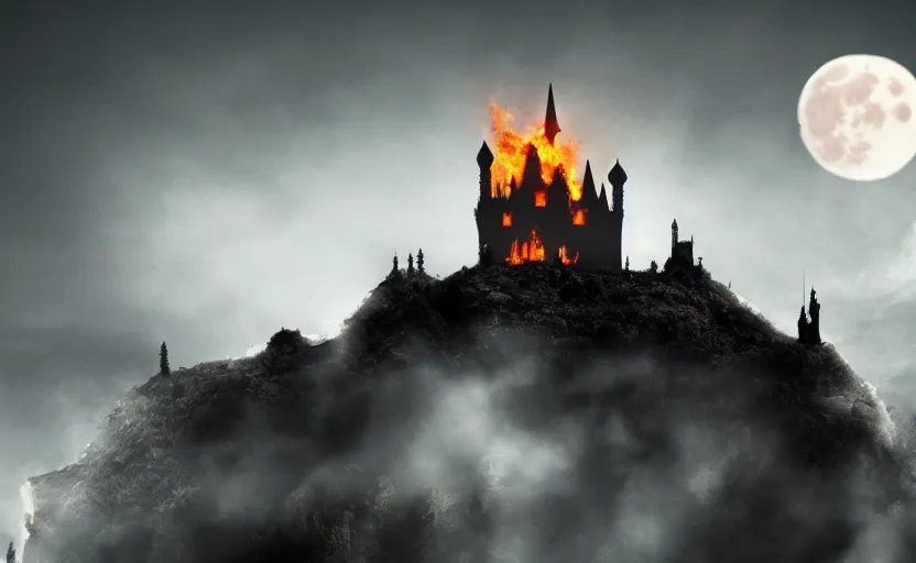 Image similar to a picture in high contrast of burning!!! gothic! castle in smoke on a hill, chaos, full moon in clouds, visual art, 8 k resolution, 3 d modelling, soft lighting