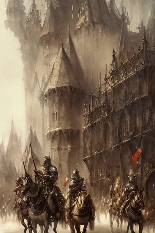 Image similar to medieval parade of knights, holiday, by wlop, by luis royo, by peter mohrbacher, concept art, digital illustration, intricate, masterpiece, elegant, super detailed, unreal engine rendering, smooth, sharp focus, artstation hq