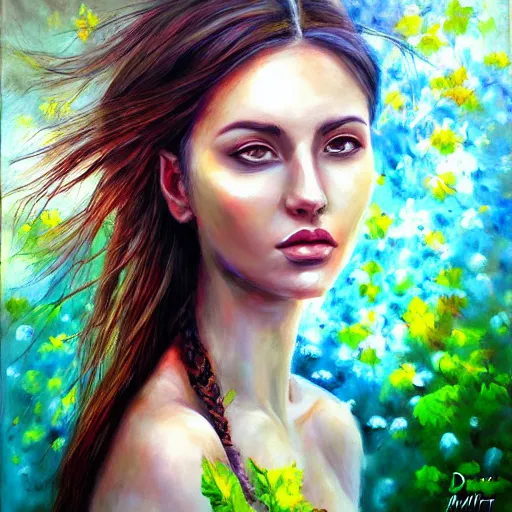 Prompt: portrait of a beautiful woman, nature elements, painting, by dimitra milan.