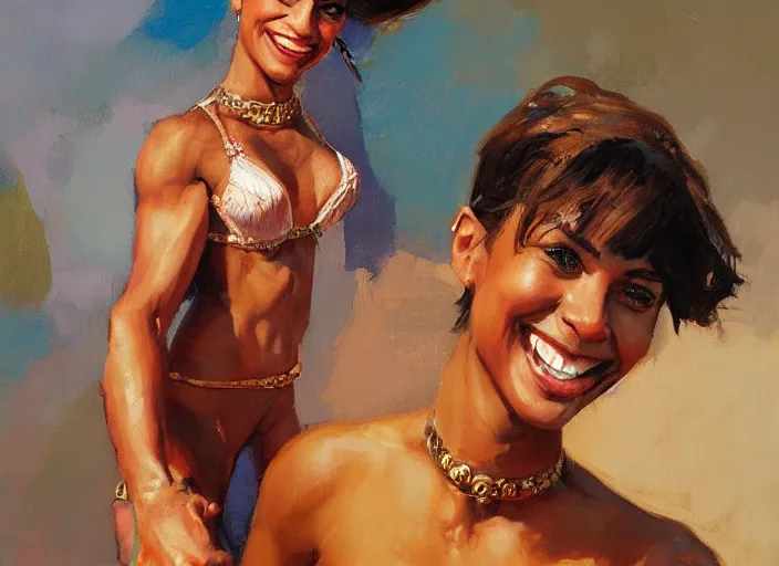 Prompt: a highly detailed beautiful portrait of a female short brown haired brown skinned genie, with abs, smiling, by gregory manchess, james gurney, james jean