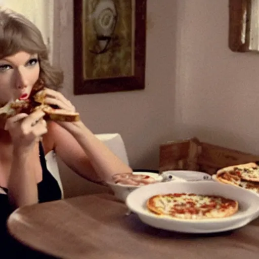 Image similar to film still of feedee Taylor Swift eating an entire pizza by herself with her big bloated belly on display