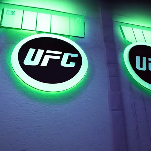 Image similar to the UFC logo in 3D glowing bright in the dark with fireflies around, hyper realistic, Octane render, Unreal Engine 3D