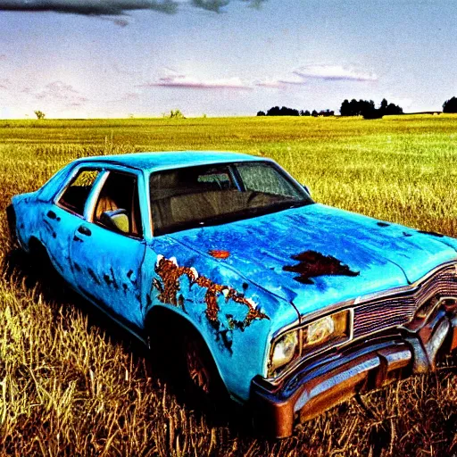 Image similar to A photograph of a rusty, worn out, broken down, decrepit, run down, dingy, faded, chipped paint, tattered, beater 1976 Denim Blue Dodge Aspen in a farm field, photo taken in 1989