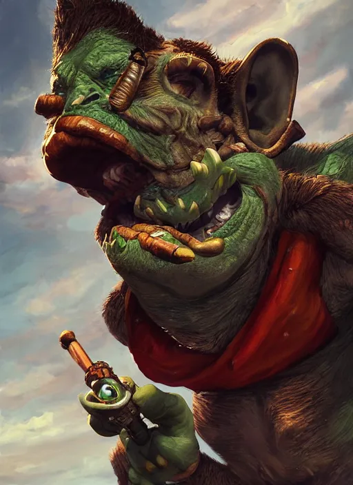 Prompt: pathfinder 2 e bestiary illustration of a protagonist goblin mixed with a monkey smoking a cigar, pirate themed, character portrait, unreal engine, hyper realism, realistic shading, cinematic composition, realistic render, octane render, detailed textures, studio lighting, photorealistic, wide shot