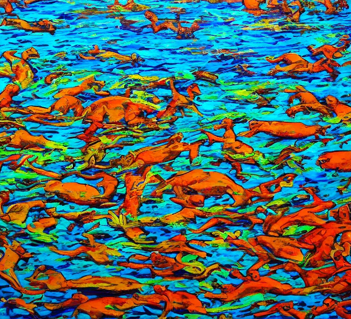 Image similar to a shallows with hippopotamuses. in a neo - figurative art style. using action painting.