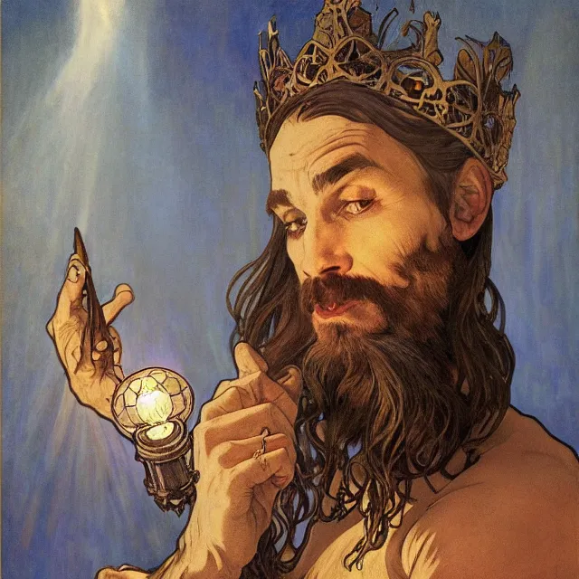 Prompt: an aesthetic! a detailed portrait of a man in a long beard, with a crown, holding a lantern by frank frazetta and alphonse mucha, oil on canvas, art nouveau dungeons and dragons fantasy art, hd, god rays, ray tracing, crisp contour lines, huhd