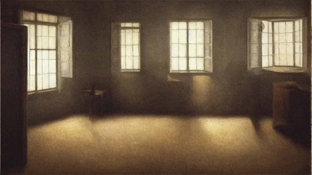 Prompt: in a very old house, an opened drawer in a chest, full of memories and little things, painted by vilhelm hammershoi, interior design, rays of light, melancholy