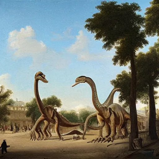 Image similar to 1750 street of Paris with Diplodocus and T-Rex, in the style of the Hudson River School