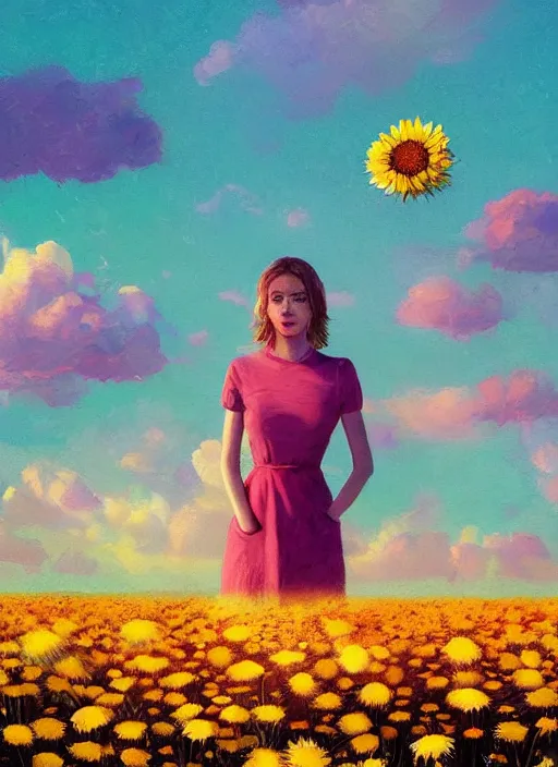 Image similar to portrait of a female face made of giant daisies, standing in a flower field, holding flowers, surreal photography, sunset dramatic light, impressionist painting, colorful clouds, large sky, digital painting, artstation, simon stalenhag