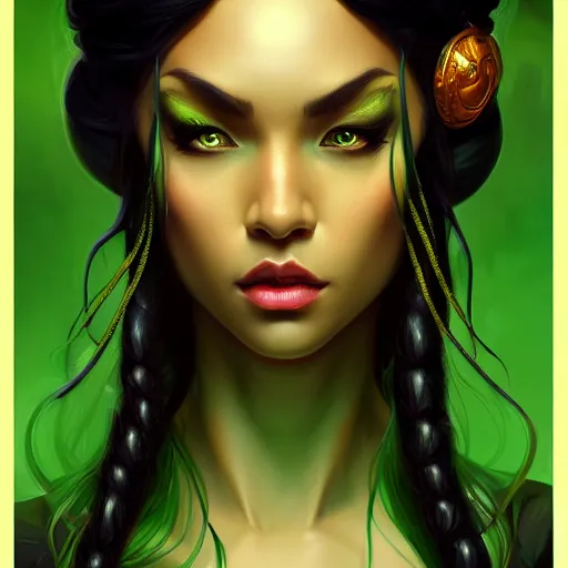 Prompt: black aristocrat, green black orange color palette, female, d & d, fantasy, intricate, elegant, highly detailed, long green hair, digital painting, artstation, octane render, concept art, matte, sharp focus, illustration, hearthstone, art by artgerm, alphonse mucha johannes voss