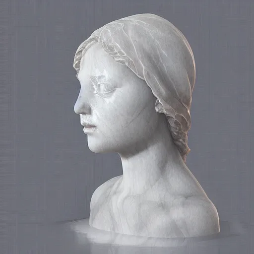 Image similar to “a delicate renaissance marble sculpture of a !female !!face , covered with water veil, highly detailed !!!transparent !!!marble !!!cloth, gi, global illumination, physically based rendering, photorealistic, top light , dark background”