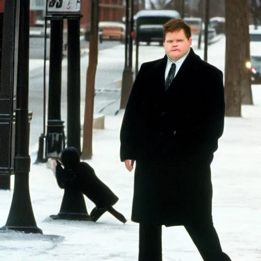 Image similar to 1 9 9 8 andy richter wearing a black wool coat and necktie slipping on ice in the streets of chicago at 3 pm in winter.