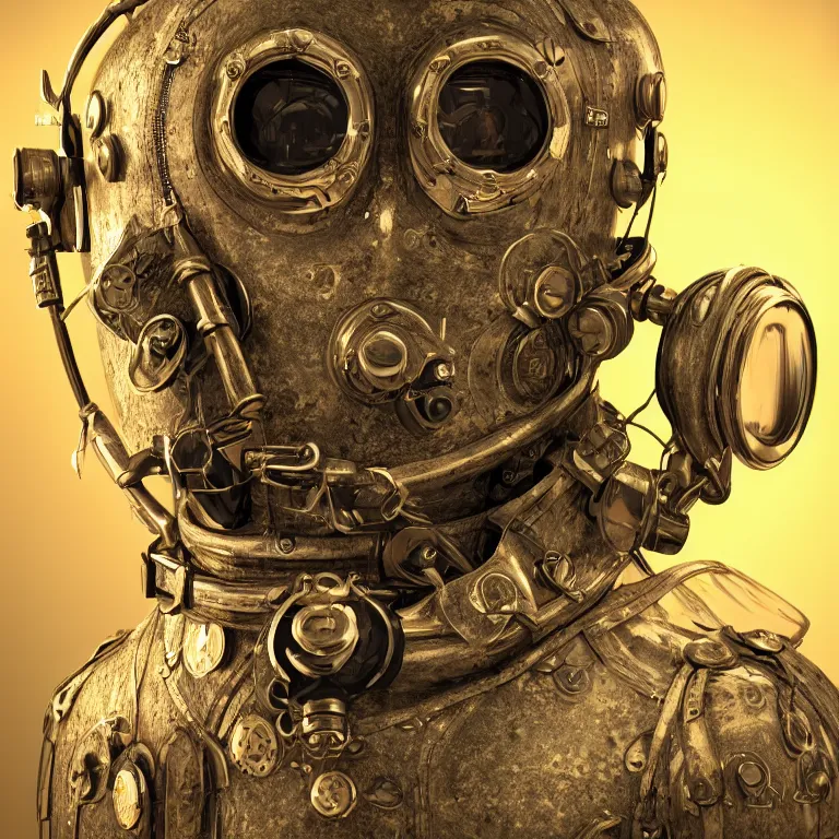 Image similar to octane render portrait by wayne barlow and carlo crivelli and glenn fabry, a psychedelic old timey diving suit filled with glowing fluid and made of clear plastic, cinema 4 d, ray traced lighting, very short depth of field, bokeh