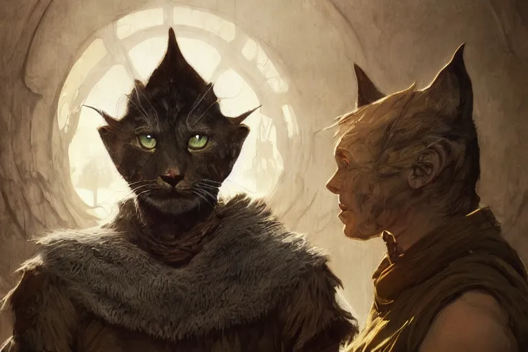 Prompt: A portrait of the catfolk Khajit from Skyrim, Magic the Gathering art, art by greg rutkowski and alphonse mucha, highly detailed, digital painting, matte painting, concept art, illustration, oppressive lighting, trending on artstation, very detailed