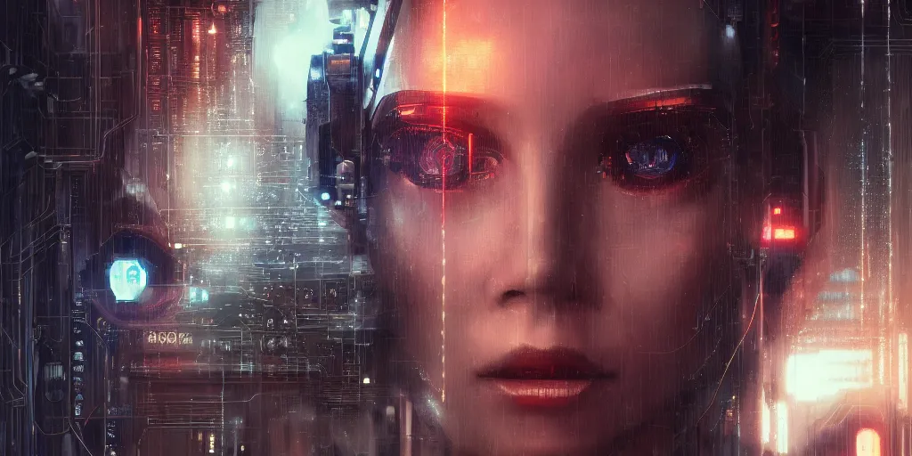 Image similar to a face covered in computer circuits, scifi, bladerunner, cyberpunk, very detailed eyes, 8 k resolution, by wlop, greg rutkowski