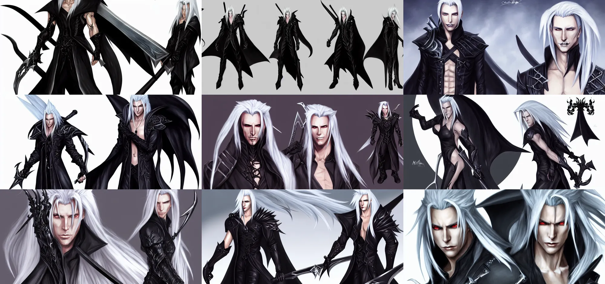 Prompt: concept art of sephiroth as elegant vampire in black clothing game characters head designs, unique hairstyles, warrior, crossbow, overwatch by marc brunet and artgerm