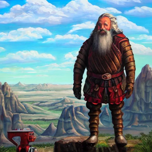 Image similar to oil painting of a medieval fantasy dwarf standing next to a robot made of chrome, badlands in the background, detailed, 4K