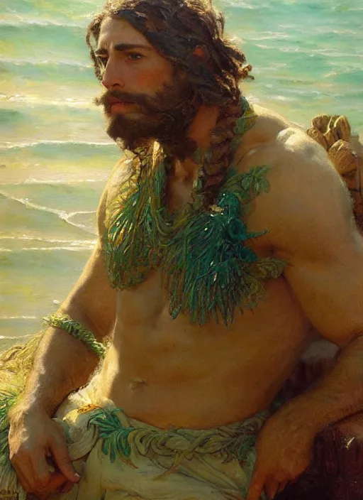 Image similar to detailed cinematic wide shot of muscular attractive young aztec man beard slim face symmetrical face tanskin green eyes white hair wearing sea clothes, detailed intricate priceless gems, ultra realistic, spring light, painting by gaston bussiere, craig mullins, j. c. leyendecker