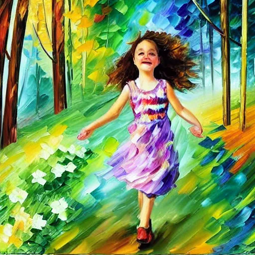 Prompt: A little girl with curly brown hair with a happy expression wearing a summer dress dancing in the woods by Leonid Afremov