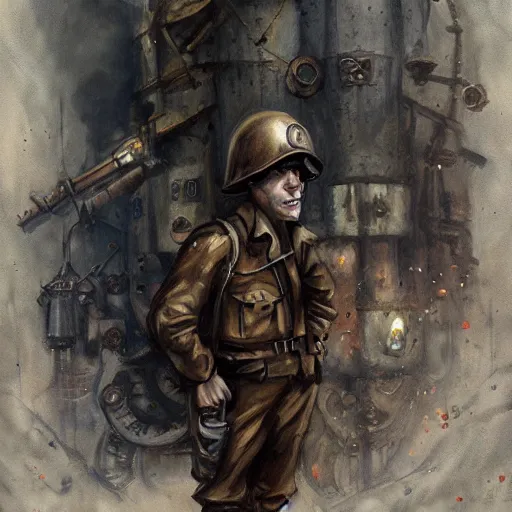 Image similar to wwii, steampunk, oil painting. by tony sandoval