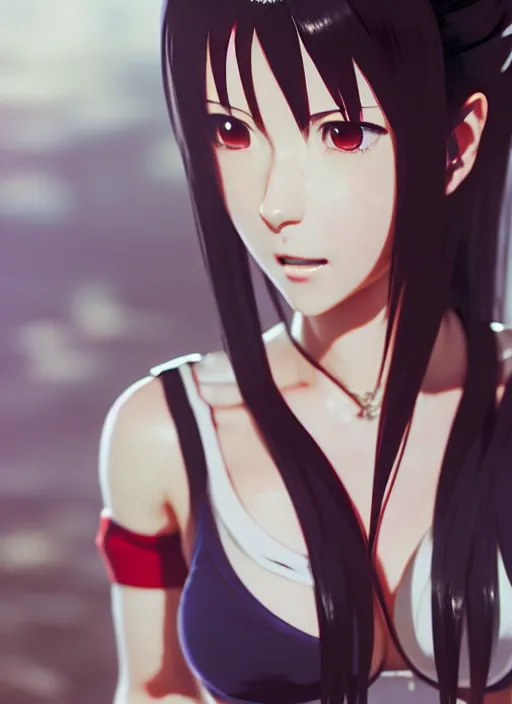 Prompt: a film still portrait of tifa lockhart, final fantasy, finely detailed features, perfect art, trending on pixiv fanbox, painted by greg rutkowski makoto shinkai takashi takeuchi studio ghibli, akihiko yoshida,