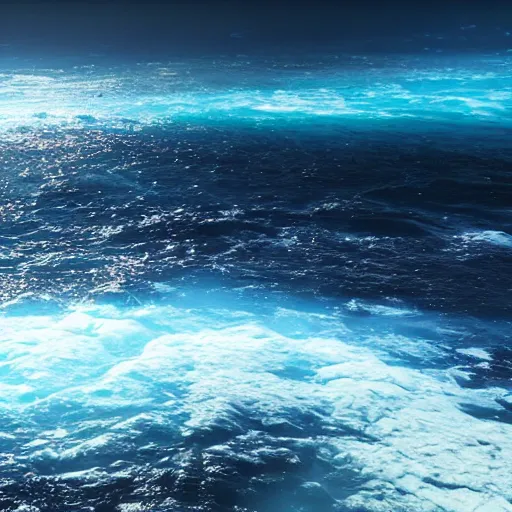 Prompt: planet made of water spilling into the ocean, realistic artstyle, wide shot, dramatic lighting, octane render, hyperrealistic, high quality, highly detailed, HD, beautiful, cinematic, 8k, unreal engine, facial accuracy, symmetrical