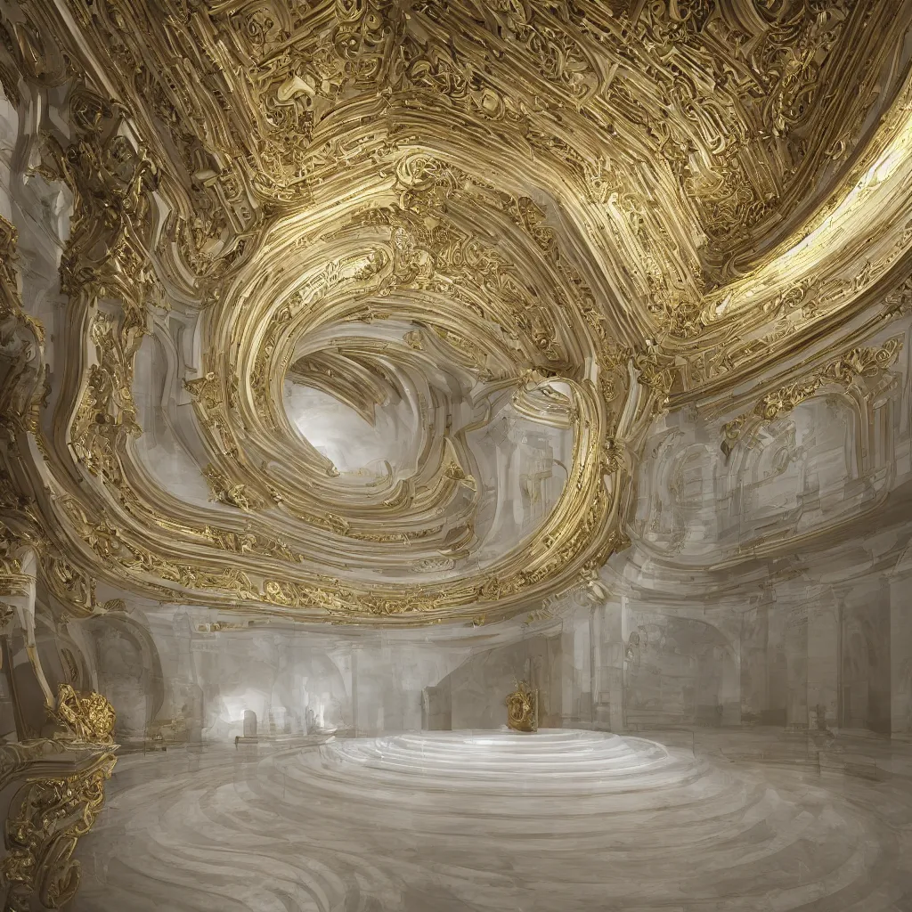 Image similar to “ an incredibly smooth curvilinear neo baroque interior architectural sculpture, a golden pool on the ground is envelope by folding white surfaces, blue light, visually satisfying architecture render ”