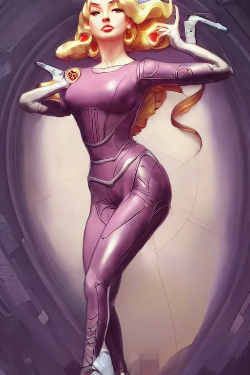 Image similar to gta princess peach as aeon flux profile picture by greg rutkowski, dynamic pose, intricate, futuristic, fantasy, elegant, by stanley artgerm lau, greg rutkowski, thomas kindkade, alphonse mucha, loish, norman rockwell, fantasy lut, asymmetric, long hair, retro computer graphics, video game, fluid lines,