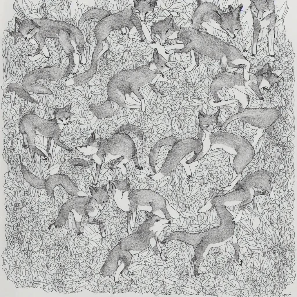 Prompt: foxes playing jumping in tranquillity garden ink drawing by james jean very fine linework