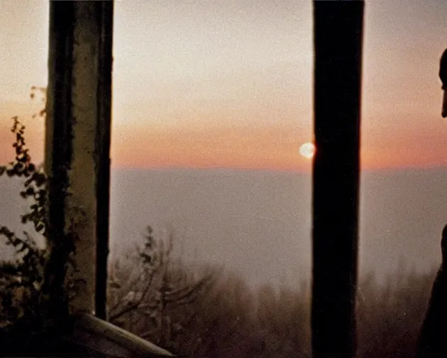 Image similar to award - winning lomographic tarkovsky film still of 4 0 years russian man with beard and sweater standing on small hrushevka 9 th floor balcony in taiga looking at sunset, cinestill, bokeh