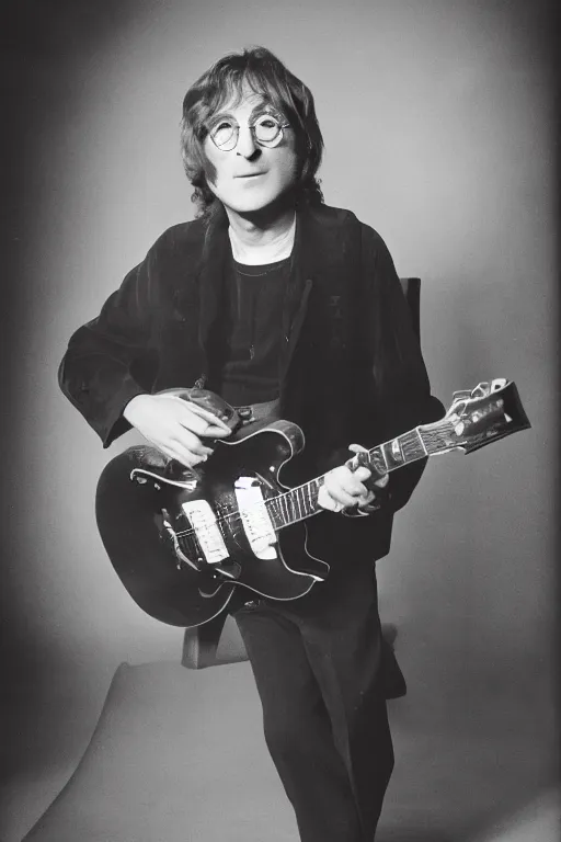 Image similar to 80 years old john lennon posing with a guitar, good-looking old man , promo shoot, studio lighting