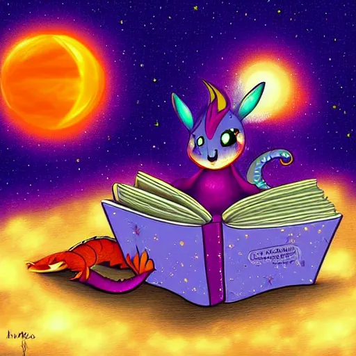 Image similar to cute dragon reading book under the stars, digital art