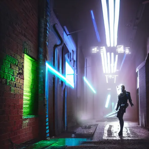 Prompt: cyberpunk man with laser gun stands in a dark alleyway and shoots a robot, amazing, foggy, beautiful, neon lights