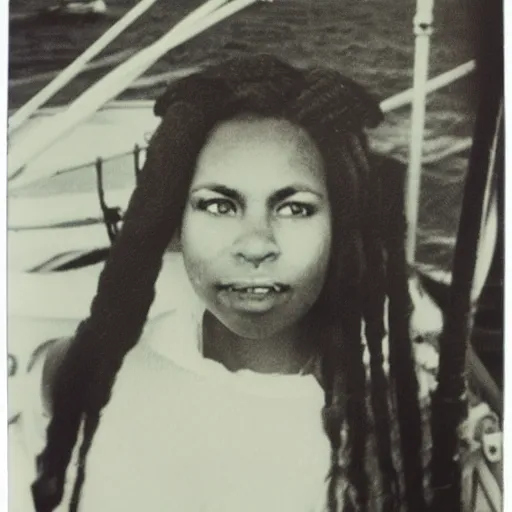 Image similar to a medium full shot, german and eastern european mixture polaroid photograph depicting a black woman with dark brown skin, long, swirling black hair, and jade colored eyes, on a sailing boat. she is wearing wearing a yachting dress ensemble in 1 9 8 2.