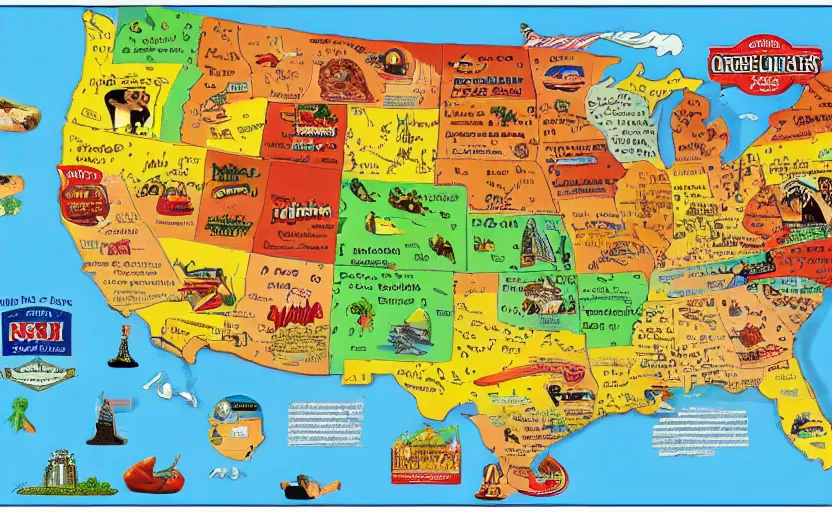 Image similar to hot dogs across america map, detailed, map key, tourist map, brochure