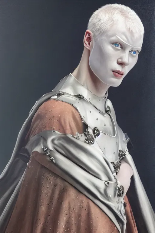 Image similar to hyperrealism oil painting, close - up portrait of albino medieval fashion model, knight, steel gradient mixed with nebula sky, in style of baroque