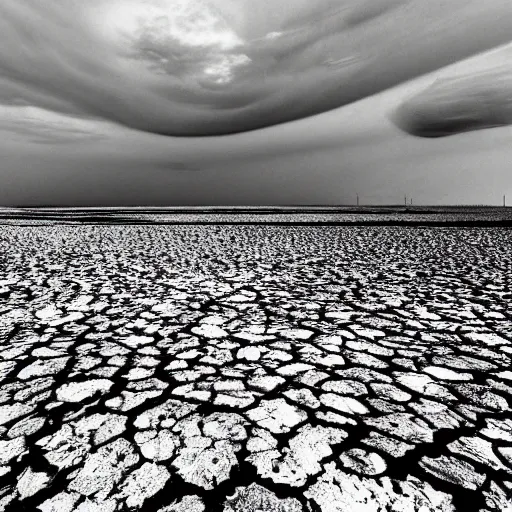 Prompt: radioactive spike field, creepy monotone black and white lighting, post nuclear fallout, desolate, no life, high resolution, old photo,