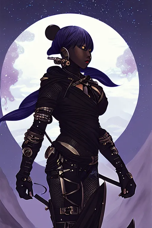 Image similar to portrait ninja gaiden black girl, armored dieselpunk wardrobe, at snowy fuji mountain moonlight, sci - fi and fantasy, intricate and very beautiful and elegant, highly detailed, digital painting, artstation, concept art, smooth and sharp focus, ( ( illustration, art by tian zi and wlop and alphonse mucha ) )