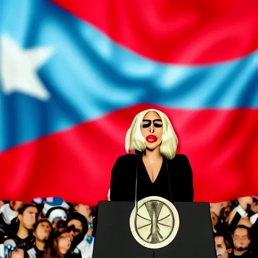 Image similar to Lady Gaga as president, Argentina presidential rally, Argentine flags behind, bokeh, giving a speech, detailed face, Argentina