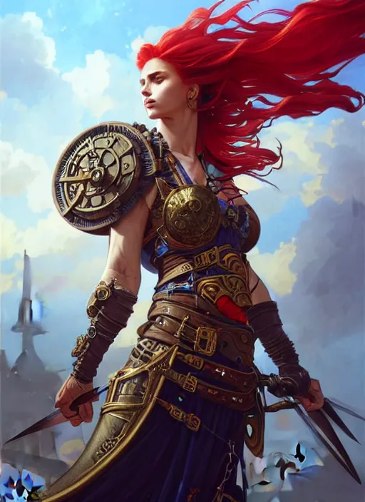 Prompt: upper body shot of a warrior with Ukrainian flag, D&D, handsome, fantasy, intricate, long hair, steampunk airship in backdrop, steampunk, red hair, elegant, highly detailed, digital painting, artstation, concept art, smooth, sharp focus, illustration, art by artgerm and greg rutkowski and alphonse mucha