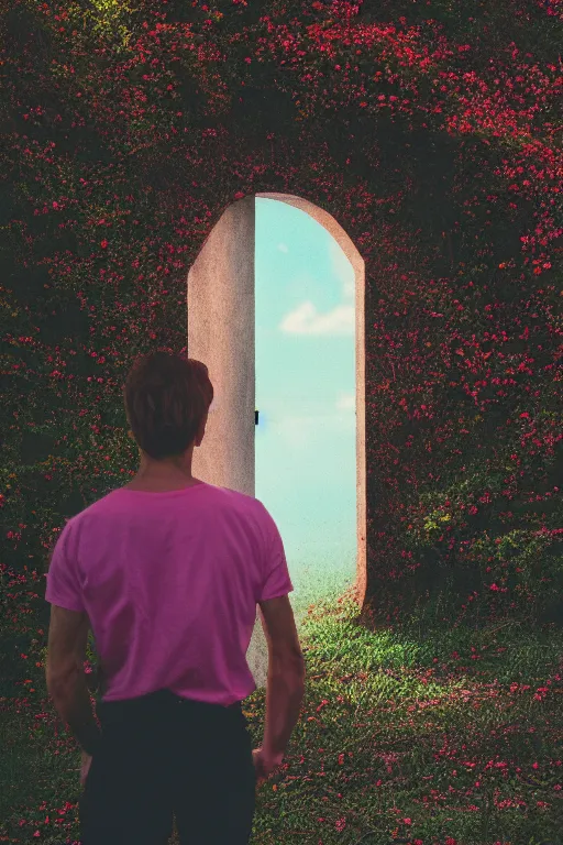 Image similar to kodak portra 4 0 0 photograph of a skinny guy looking into a otherworldly portal, flower crown, back view, vaporwave colors, grain, moody lighting, moody aesthetic,