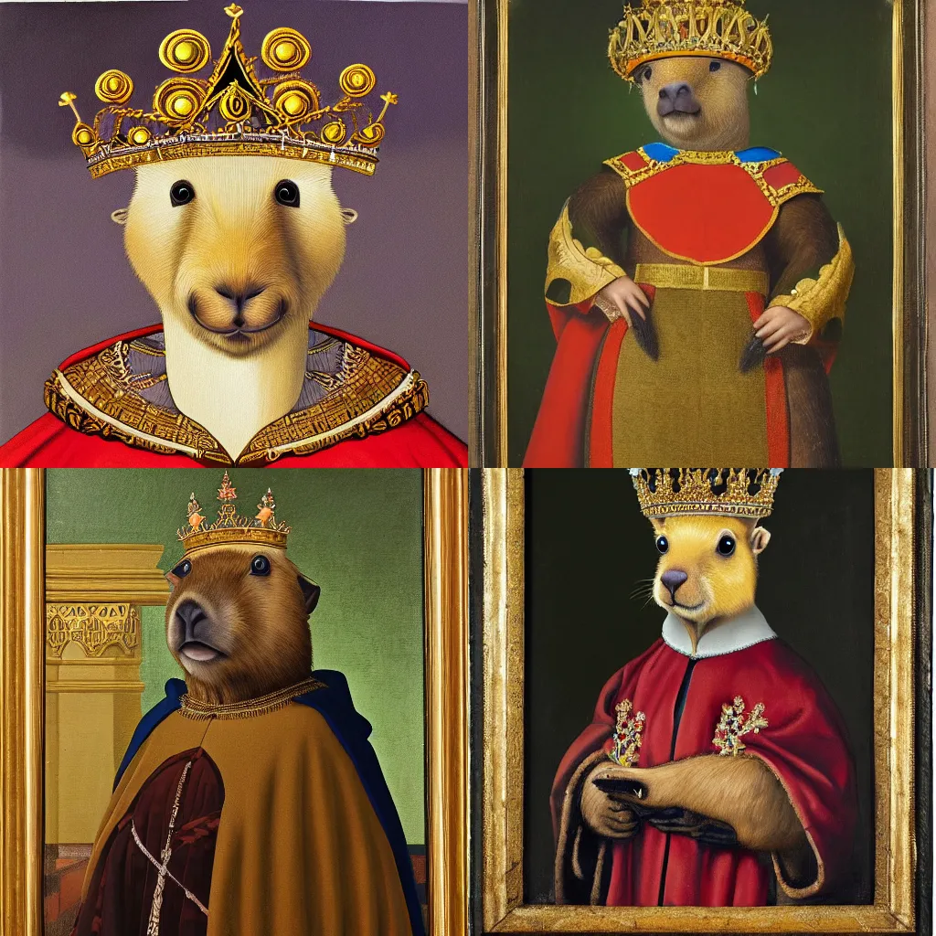 Prompt: an oil painting portrait of a capybara wearing medieval royal robes and an ornate crown on a dark background