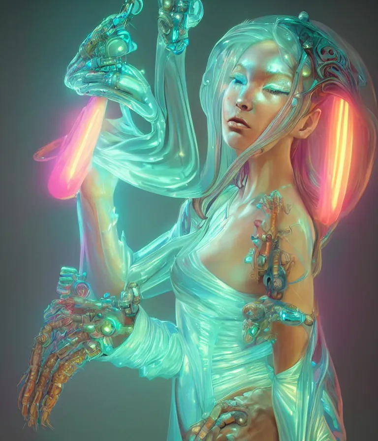 Image similar to iridescent portrait of a beautiful princess in robe. hard surface modelling. cyberpunk look. biomechanical mask. bio luminescent biomechanical halo around head. neon jellyfish. artwork by jarold Sng by artgerm, by Eddie Mendoza, by Peter mohrbacher by tooth wu, unreal engine, octane render, cinematic light, high details, iridescent colors, dichroic, macro, 4l