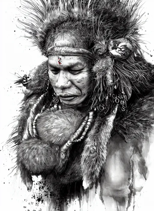 Prompt: portrait, blind Indian shaman wearing giant rabbit skin, watercolor, dramatic lighting, cinematic, establishing shot, extremely high detail, foto realistic, cinematic lighting, pen and ink, intricate line drawings, by Yoshitaka Amano, Ruan Jia, Kentaro Miura, Artgerm, post processed, concept art, artstation, matte painting, style by eddie mendoza, raphael lacoste, alex ross