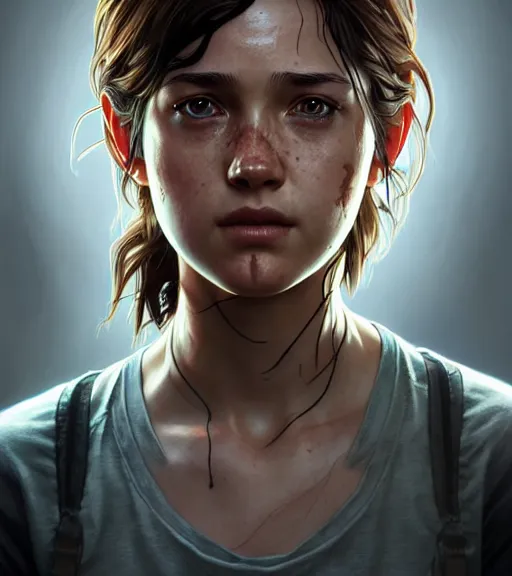 Image similar to symmetry ( ellie from last of us portrait ) ultra detailed, intricate, dynamic lighting, digital art, digital painting, art station, wlop, sharp focus, illustration, art by artgerm and greg rutkowski and alphonse mucha