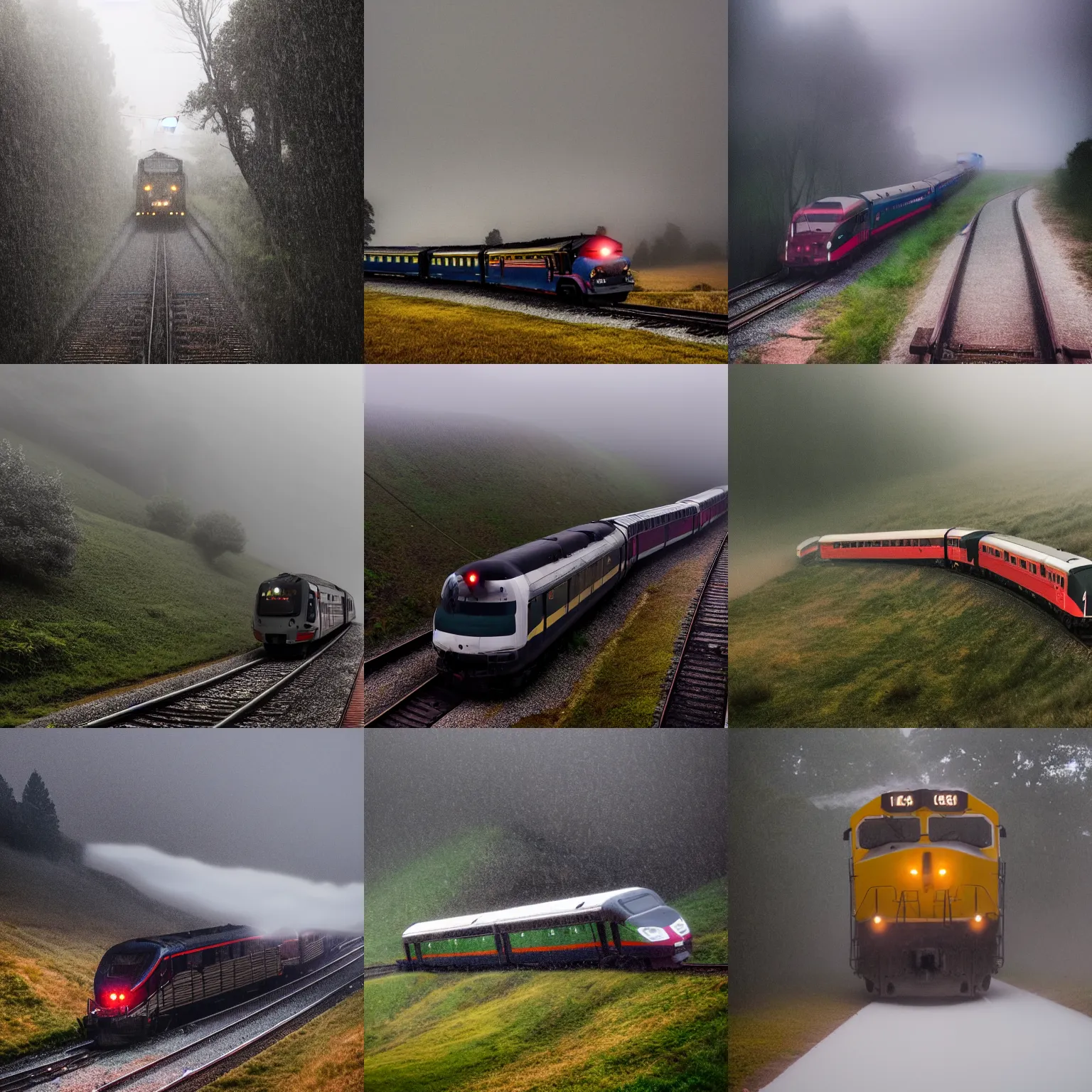 Image similar to dramatic train on hill riding through rain in fog, dramatic light 8 k