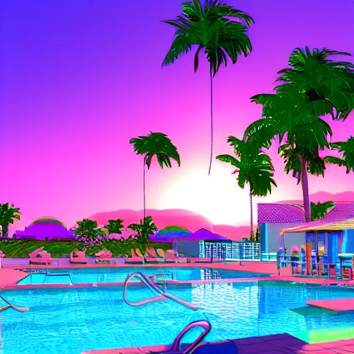 Image similar to motel, swimmingpool, sunset, palms, beach, sunset, vaporwave, pink, blue, green, purple, bryce 3 d style.