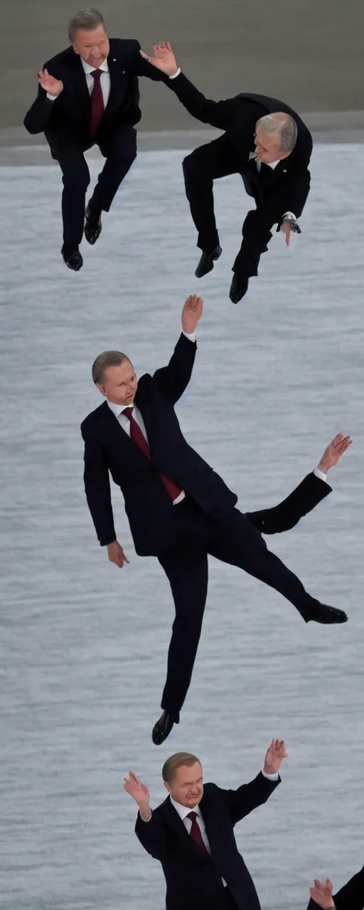 Image similar to the finnish president sauli niinisto doing a superhero landing on top of vladimir putin