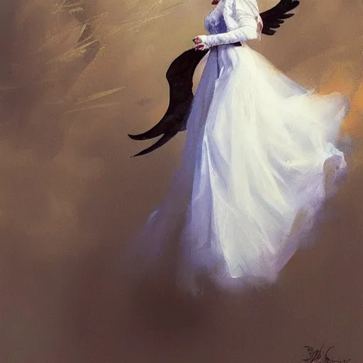 Image similar to Painting by Greg Rutkowski, an opera singer in a white dress with wings on stage